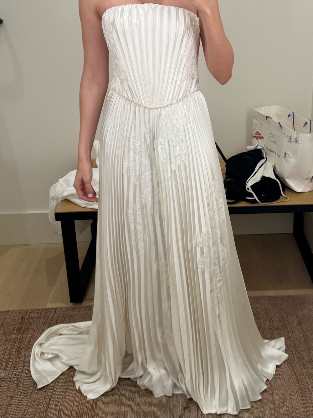 Strapless Ivory Plissé Charmeuse A-Line Dress